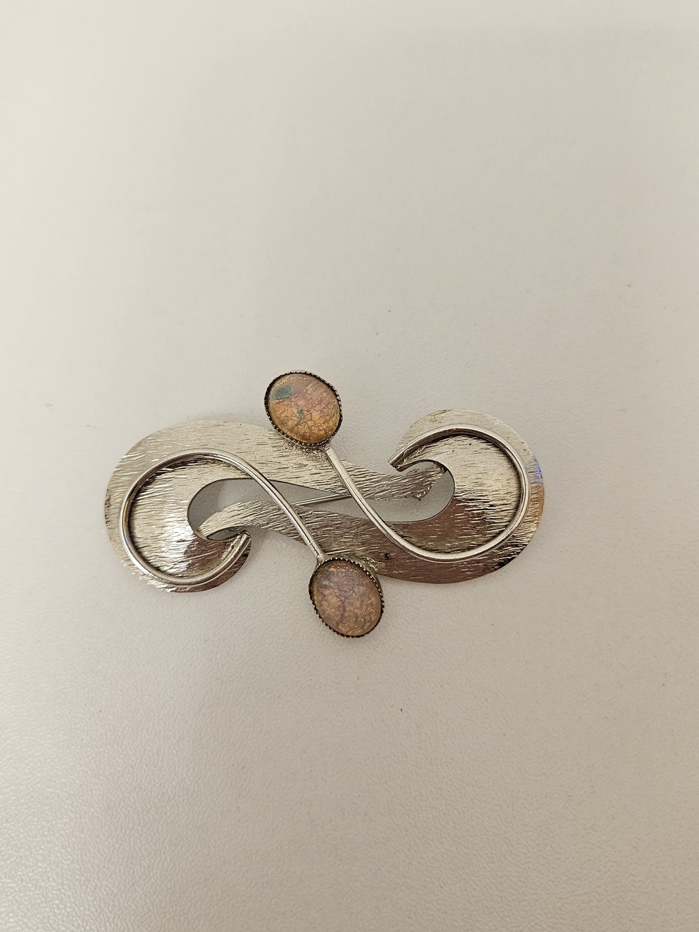 Vintage Brushed Silver Tone Brooch with Faux Opal Stones Costume Jewelry